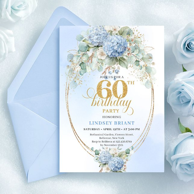 Chic Rustic Pastel Blue Hydrangeas 60th Birthday Invitation (Chic Rustic Pastel Blue Hydrangeas 60th Birthday)