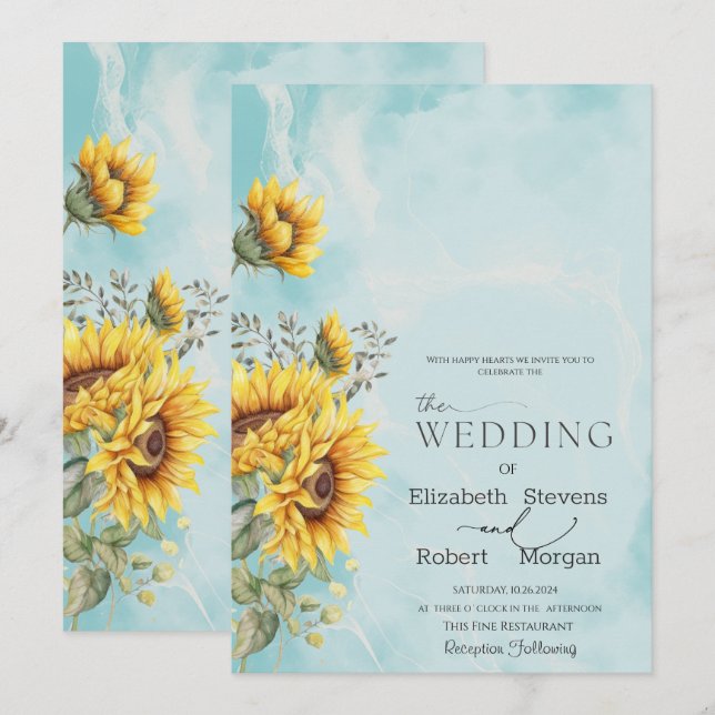 Chic Rustic Sunflowers Blue Wedding  Invitation (Front/Back)