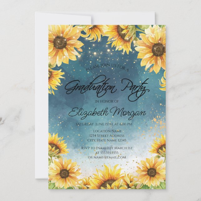 Chic Rustic Sunflowers,String Lights Graduation  Invitation (Front)