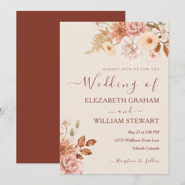 Chic Rustic Terracotta Boho Fall Foliage Wedding Invitation (Front/Back)