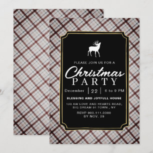 Chic Rustic Vintage Plaid Reindeer Christmas Party Invitation
