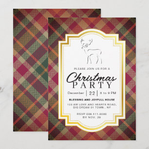 Chic Rustic Vintage Plaid Reindeer Christmas Party Invitation