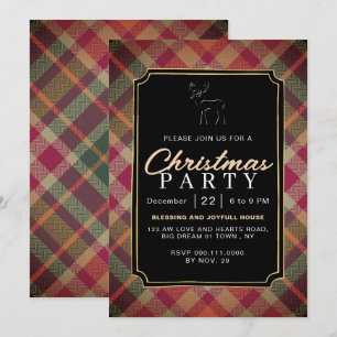 Chic Rustic Vintage Plaid Reindeer Christmas Party Invitation