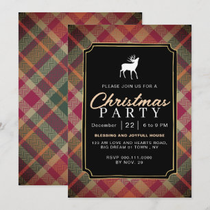 Chic Rustic Vintage Plaid Reindeer Christmas Party Invitation