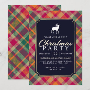 Chic Rustic Vintage Plaid Reindeer Christmas Party Invitation