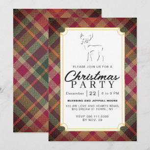 Chic Rustic Vintage Plaid Reindeer Christmas Party Invitation