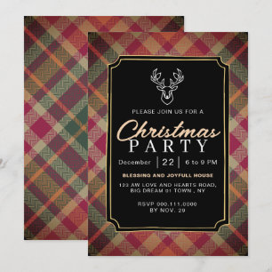 Chic Rustic Vintage Plaid Reindeer Christmas Party Invitation