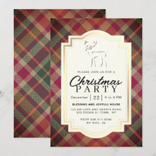 Chic Rustic Vintage Plaid Reindeer Christmas Party Invitation