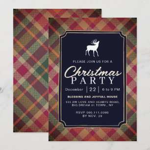 Chic Rustic Vintage Plaid Reindeer Christmas Party Invitation