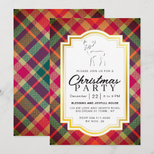 Chic Rustic Vintage Plaid Reindeer Christmas Party Invitation