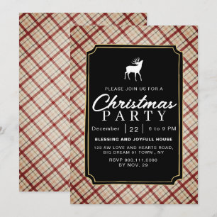 Chic Rustic Vintage Plaid Reindeer Christmas Party Invitation