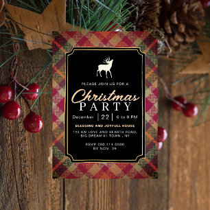 Chic Rustic Vintage Plaid Reindeer Christmas Party Invitation