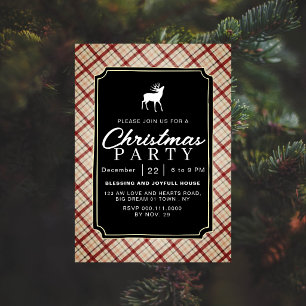 Chic Rustic Vintage Plaid Reindeer Christmas Party Invitation