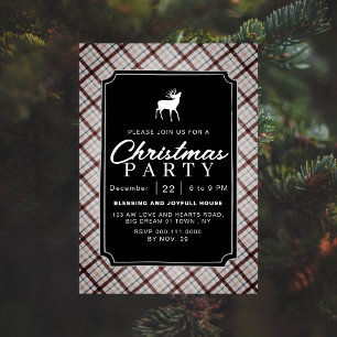 Chic Rustic Vintage Plaid Reindeer Christmas Party Invitation