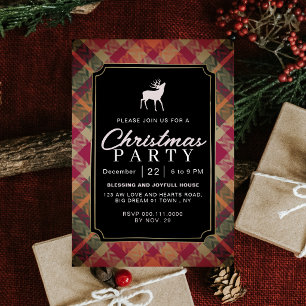 Chic Rustic Vintage Plaid Reindeer Christmas Party Invitation