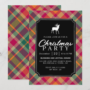 Chic Rustic Vintage Plaid Reindeer Christmas Party Invitation