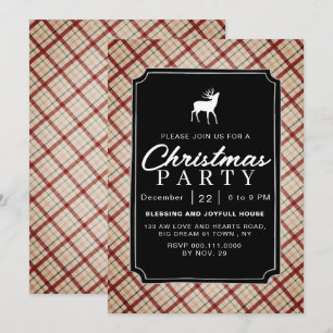 Chic Rustic Vintage Plaid Reindeer Christmas Party Invitation