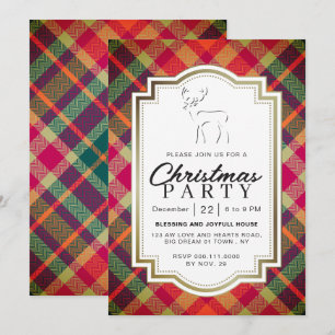 Chic Rustic Vintage Plaid Reindeer Christmas Party Invitation