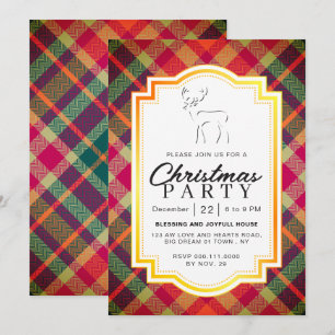 Chic Rustic Vintage Plaid Reindeer Christmas Party Invitation