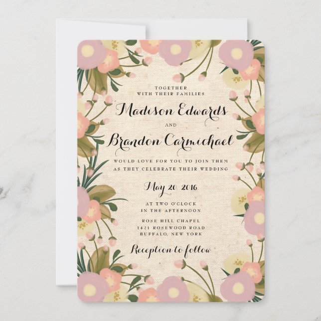 Chic Rustic Watercolor Floral Canvas Wedding Invitation (Front)