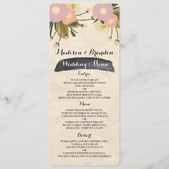 Chic Rustic Watercolor Floral Canvas Wedding Menu (Front)