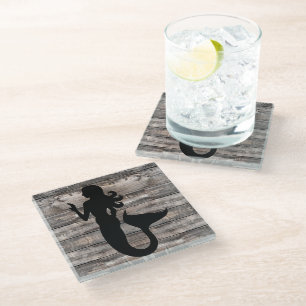 chic rustic wood MERMAID silhouette   Glass Coaster