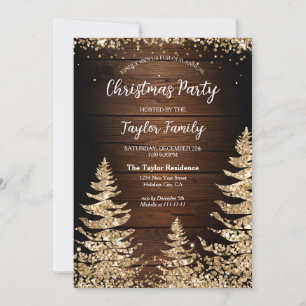 Chic RusticWood Glitter Christmas Tree Party Invitation