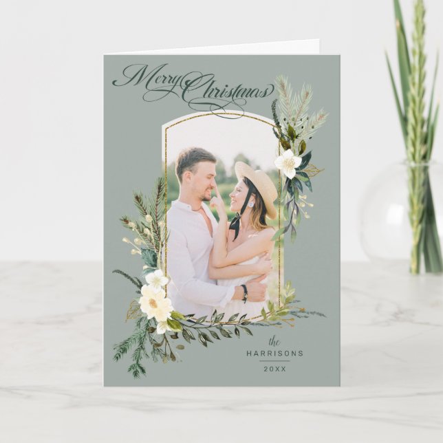 Chic Sage Christmas Botanical w/Gold Arched Photo Holiday Card (Front)
