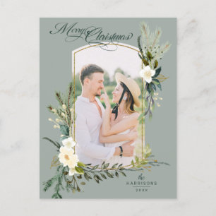 Chic Sage Christmas Botanical w/Gold Arched Photo Postcard