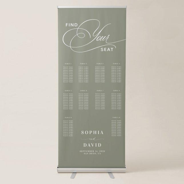 Chic Sage Green 10 Tables Wedding Seating Chart Retractable Banner (Front)