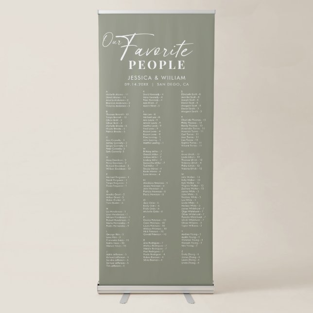 Chic Sage Green Alphabetical Wedding Seating Chart Retractable Banner (Front)