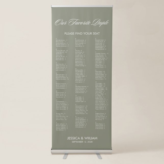 Chic Sage Green Alphabetical Wedding Seating Chart Retractable Banner (Front)