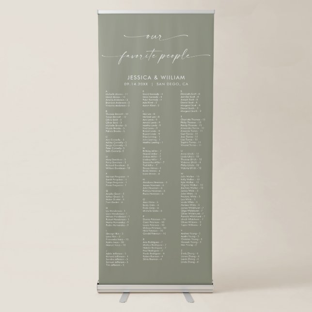 Chic Sage Green Alphabetical Wedding Seating Chart Retractable Banner (Front)