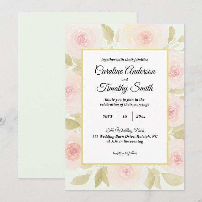 Chic Sage Green and Pink Rose Watercolor Wedding Invitation (Front/Back)