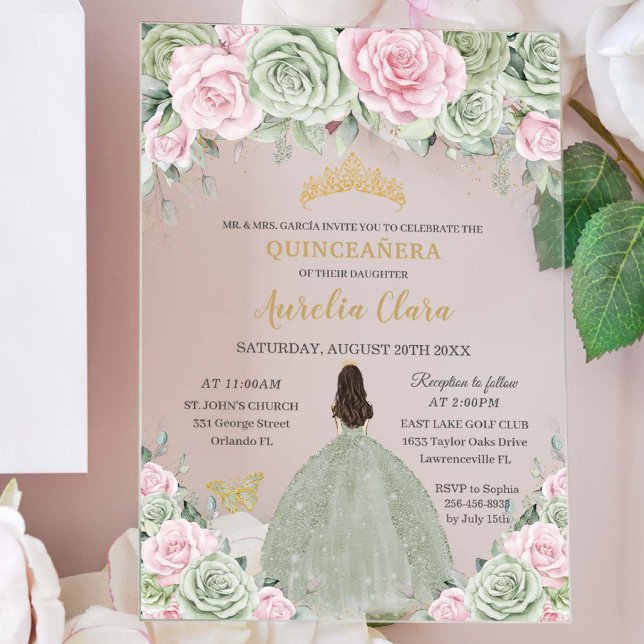 Chic Sage Green Baby Pink Floral Gold Quinceañera Acrylic Invitations (Creator Uploaded)