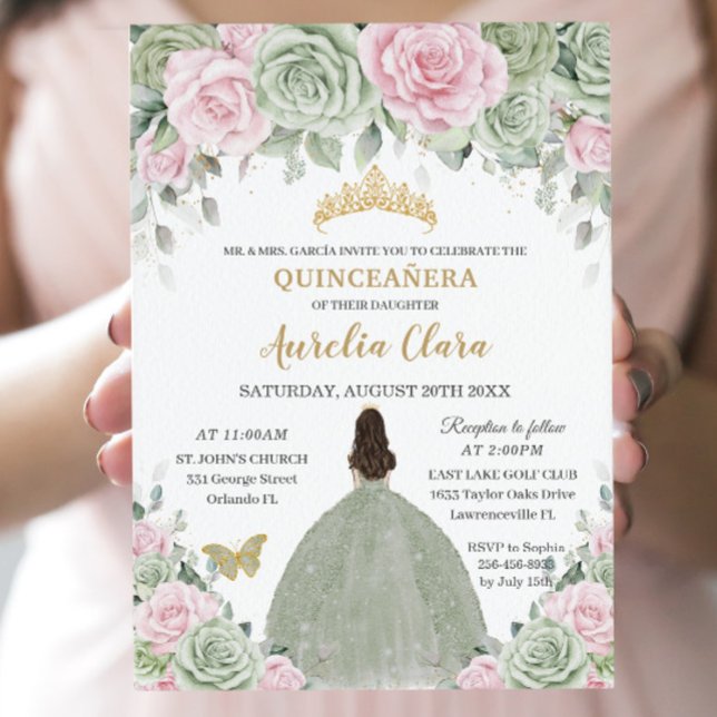 Chic Sage Green Baby Pink Floral Gold Quinceañera Invitation (Creator Uploaded)