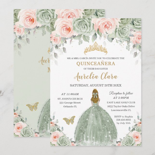 Chic Sage Green Blush Floral Blonde Quinceañera Invitation (Front/Back)