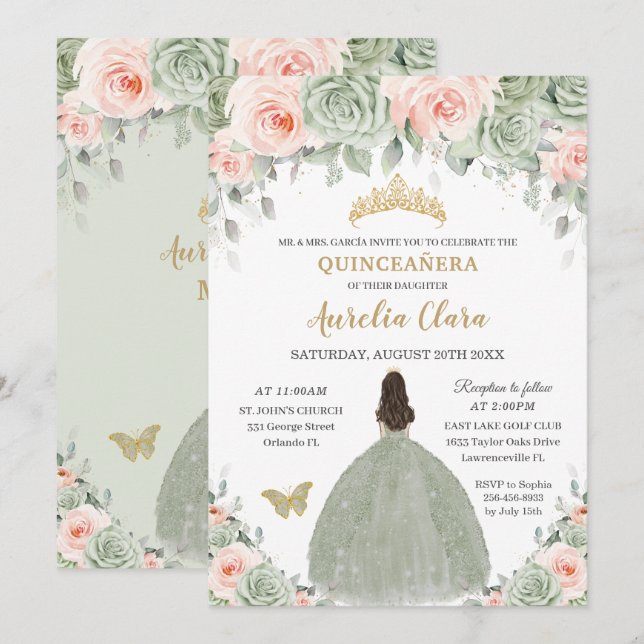 Chic Sage Green Blush Floral Gold Quinceañera XV Invitation (Front/Back)
