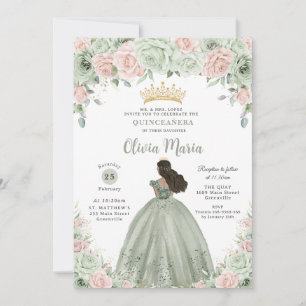 Chic Sage Green Blush Floral Princess Quinceañera  Invitation