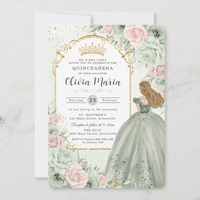 Chic Sage Green Blush Floral Princess Quinceañera  Invitation (Front)