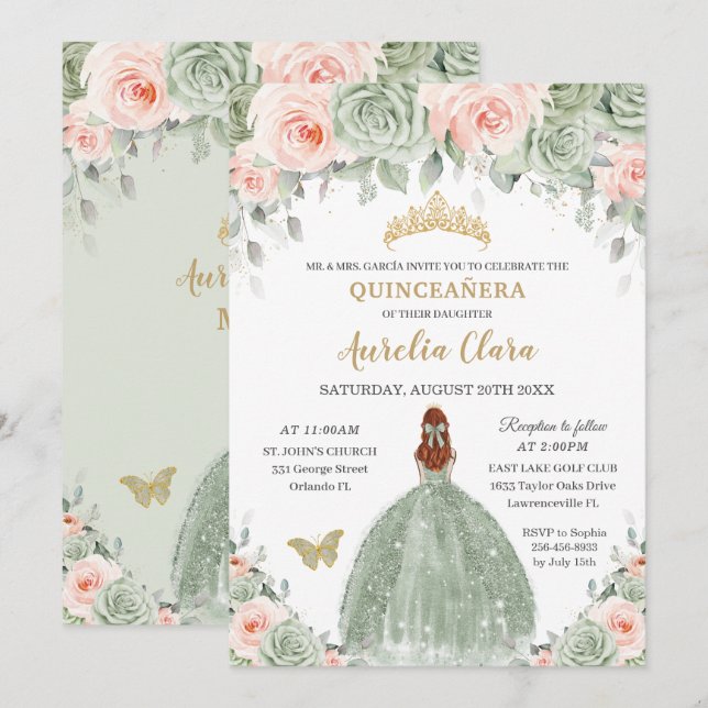 Chic Sage Green Blush Floral Red Hair Quinceañera Invitation (Front/Back)