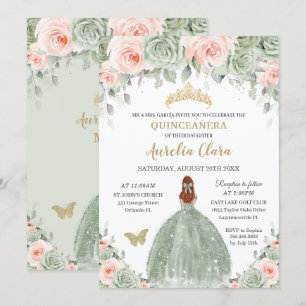 Chic Sage Green Blush Floral Red Hair Quinceañera Invitation