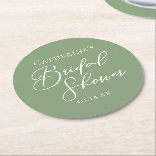 Chic Sage Green Bridal Shower Personalised Round Paper Coaster