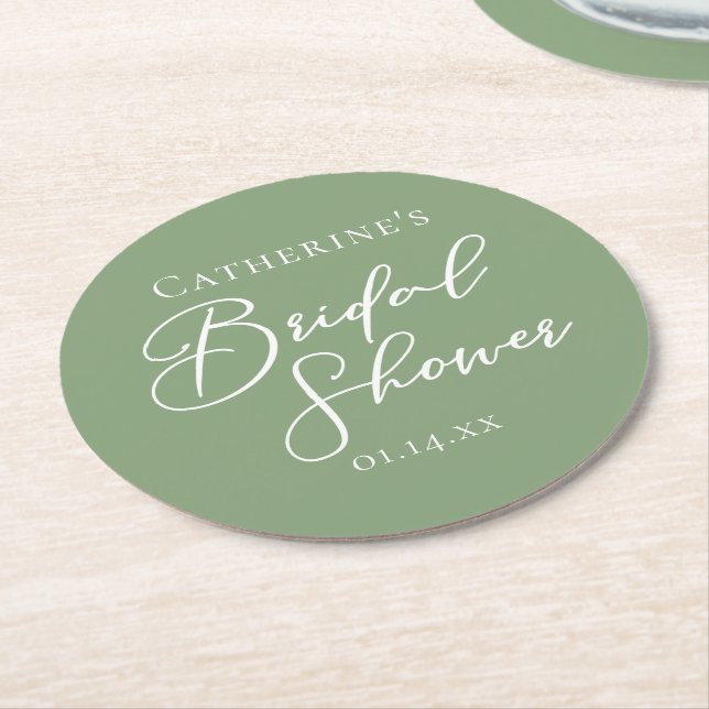 Chic Sage Green Bridal Shower Personalised Round Paper Coaster (Angled)