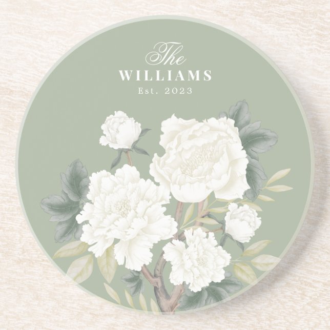Chic Sage Green Chinoiserie Floral Family Monogram Coaster (Front)