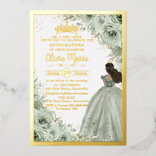 Chic Sage Green Floral Brown Princess Quinceañera 