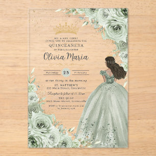 Chic Sage Green Floral Brown Princess Quinceañera  Acrylic Invitations