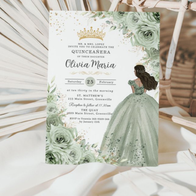 Chic Sage Green Floral Brown Princess Quinceañera  Invitation (Creator Uploaded)