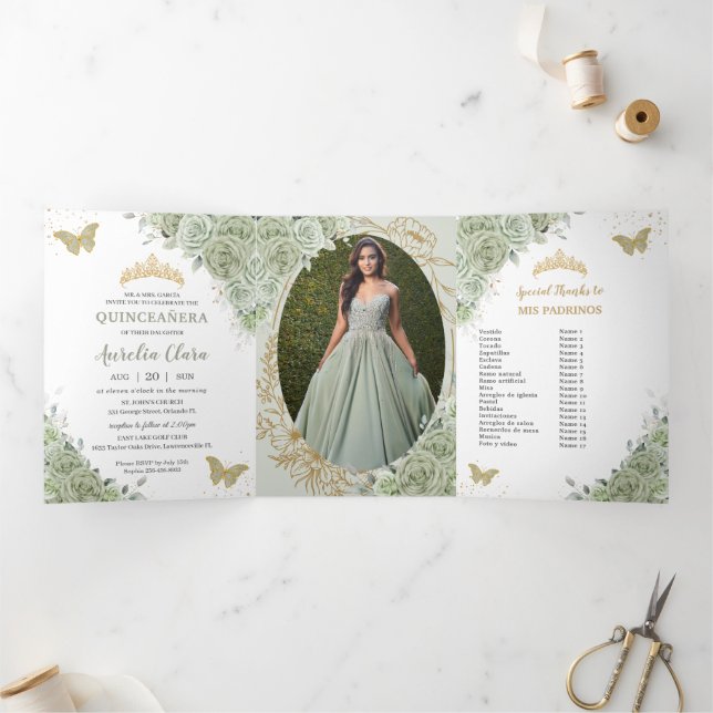 Chic Sage Green Floral Butterflies Quinceañera Tri-Fold Invitation (Inside)