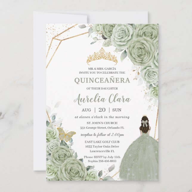 Chic Sage Green Floral Princess Gold Quinceañera Invitation (Front)